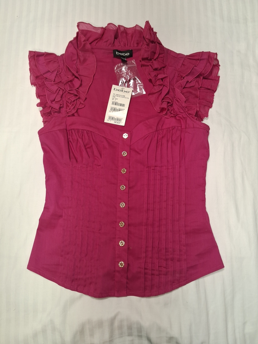 NWT Bebe Fuchsia Pink Flutter Sleeve Ruffle Collar Blouse - Size S - Picture 11 of 12